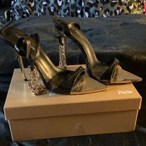 Public Desire Black Heels with Gold Chain Accent
